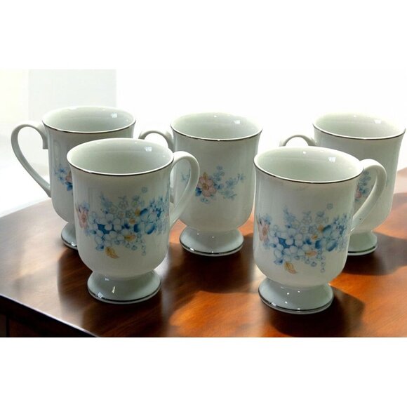 Blue Morn Floral Coffee Mugs Lot of 5 Footed Tea Cups Fanci Florals Japan - Picture 1 of 10